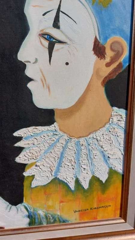 ORIGINAL CIRCUS WHITEFACE CLOWN VANESSA KARSHAGEN OIL PAINTING IN A NICE WOODEN FRAME