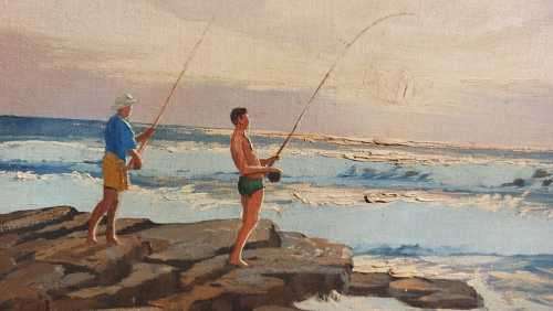 INTERESTING W ROUX FISHING ON THE BEACH ORIGINAL OIL PAINTING