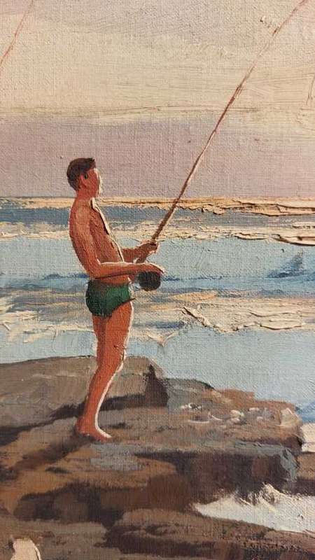 INTERESTING W ROUX FISHING ON THE BEACH ORIGINAL OIL PAINTING