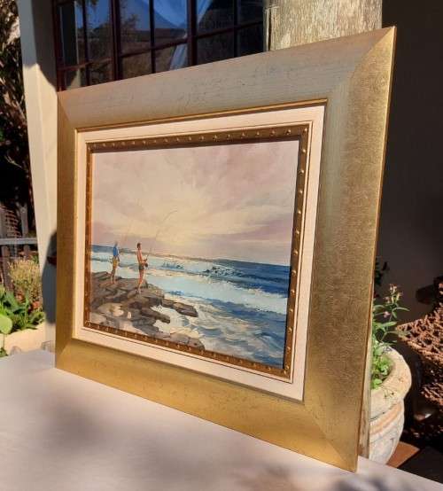 INTERESTING W ROUX FISHING ON THE BEACH ORIGINAL OIL PAINTING