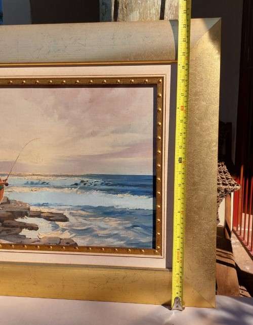 INTERESTING W ROUX FISHING ON THE BEACH ORIGINAL OIL PAINTING
