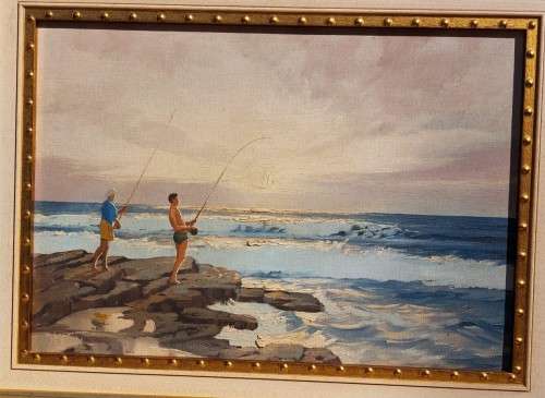 INTERESTING W ROUX FISHING ON THE BEACH ORIGINAL OIL PAINTING