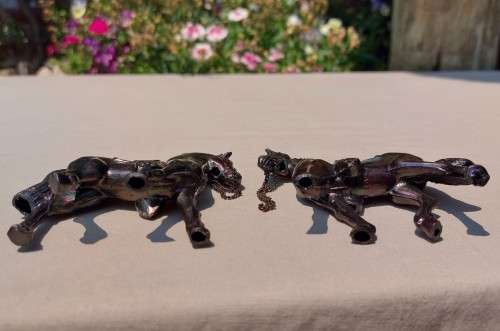 PAIR OF BRONZE OR COPPER COWBOY STYLE HORSES WITH BEADED CHAIN RAINS AND MOLDED SADDLES