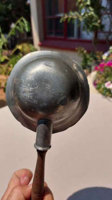 ANTIQUE PEWTER WATER LADDLE OR DIPPER WITH WOODEN HANDLE