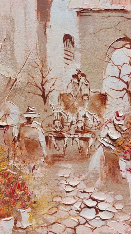 BORIS CHEZAR! (1913-2008) SIGNED ORIGINAL SAND OIL PAINTING OF A HORSECART COBBLE STREET SCENE