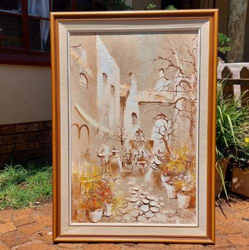 BORIS CHEZAR! (1913-2008) SIGNED ORIGINAL SAND OIL PAINTING OF A HORSECART COBBLE STREET SCENE