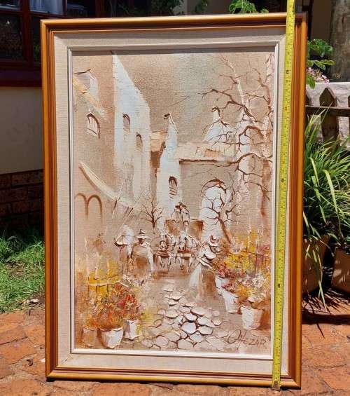 BORIS CHEZAR! (1913-2008) SIGNED ORIGINAL SAND OIL PAINTING OF A HORSECART COBBLE STREET SCENE