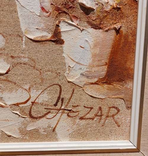 BORIS CHEZAR! (1913-2008) SIGNED ORIGINAL SAND OIL PAINTING OF A HORSECART COBBLE STREET SCENE