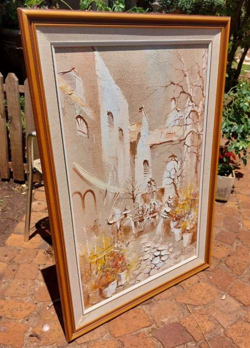 BORIS CHEZAR! (1913-2008) SIGNED ORIGINAL SAND OIL PAINTING OF A HORSECART COBBLE STREET SCENE