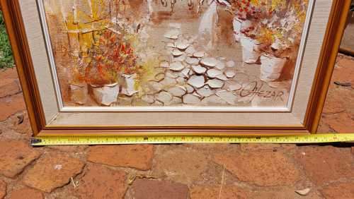 BORIS CHEZAR! (1913-2008) SIGNED ORIGINAL SAND OIL PAINTING OF A HORSECART COBBLE STREET SCENE