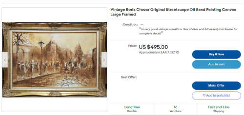 BORIS CHEZAR! (1913-2008) SIGNED ORIGINAL SAND OIL PAINTING OF A HORSECART COBBLE STREET SCENE