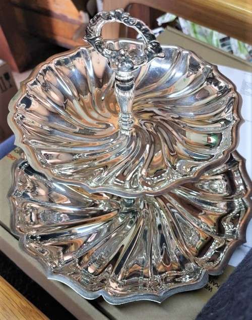 VINTAGE SOUTH AFRICAN MADE EM-ESS SP ON B (Silver Plated on Brass) TWO-TIER SWEETS TRAY WITH HANDLE