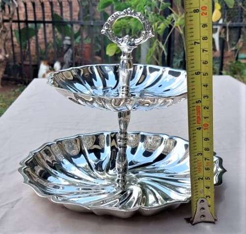 VINTAGE SOUTH AFRICAN MADE EM-ESS SP ON B (Silver Plated on Brass) TWO-TIER SWEETS TRAY WITH HANDLE