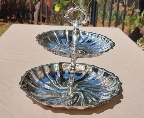 VINTAGE SOUTH AFRICAN MADE EM-ESS SP ON B (Silver Plated on Brass) TWO-TIER SWEETS TRAY WITH HANDLE