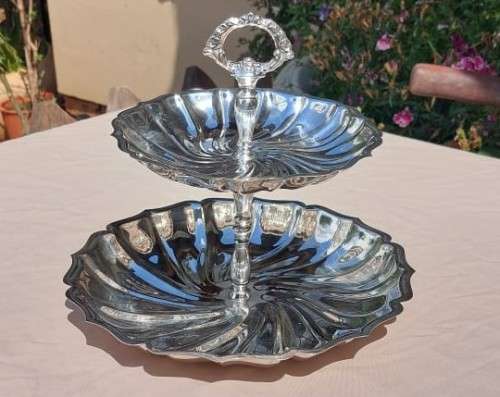 VINTAGE SOUTH AFRICAN MADE EM-ESS SP ON B (Silver Plated on Brass) TWO-TIER SWEETS TRAY WITH HANDLE