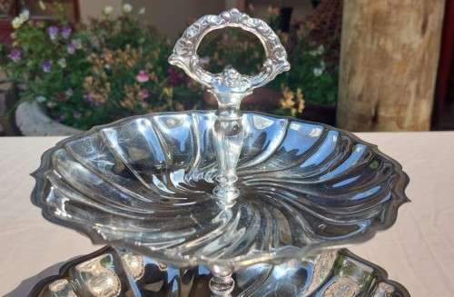 VINTAGE SOUTH AFRICAN MADE EM-ESS SP ON B (Silver Plated on Brass) TWO-TIER SWEETS TRAY WITH HANDLE