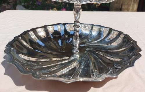 VINTAGE SOUTH AFRICAN MADE EM-ESS SP ON B (Silver Plated on Brass) TWO-TIER SWEETS TRAY WITH HANDLE
