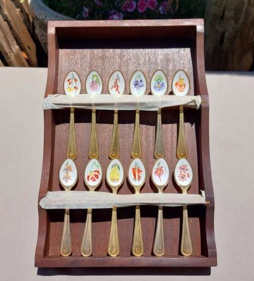 JAPAN 24KT GOLD PLATED SET OF 12 COFFEE SPOONS WITH ENAMEL PAINTED SOUTH AFRICAN FLOWERS