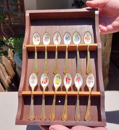 JAPAN 24KT GOLD PLATED SET OF 12 COFFEE SPOONS WITH ENAMEL PAINTED SOUTH AFRICAN FLOWERS