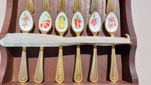 JAPAN 24KT GOLD PLATED SET OF 12 COFFEE SPOONS WITH ENAMEL PAINTED SOUTH AFRICAN FLOWERS