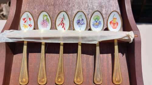 JAPAN 24KT GOLD PLATED SET OF 12 COFFEE SPOONS WITH ENAMEL PAINTED SOUTH AFRICAN FLOWERS