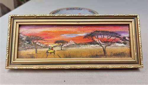 J. BAKKER ORIGINAL MINIATURE (17CM WIDE x 7CM HIGH) OIL PAINTING BUSHVELD SCENE WITH HORSE CART