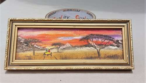 J. BAKKER ORIGINAL MINIATURE (17CM WIDE x 7CM HIGH) OIL PAINTING BUSHVELD SCENE WITH HORSE CART