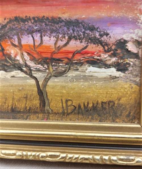 J. BAKKER ORIGINAL MINIATURE (17CM WIDE x 7CM HIGH) OIL PAINTING BUSHVELD SCENE WITH HORSE CART