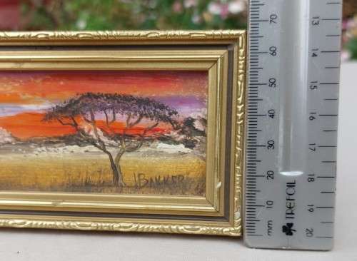 J. BAKKER ORIGINAL MINIATURE (17CM WIDE x 7CM HIGH) OIL PAINTING BUSHVELD SCENE WITH HORSE CART