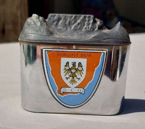 RARE BARCLAYS DCO (DOMINION, COLONIAL AND OVERSEAS) TABLE MOUNTAIN CHROME PLATED MONEY BOX 1960S