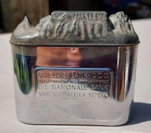 RARE BARCLAYS DCO (DOMINION, COLONIAL AND OVERSEAS) TABLE MOUNTAIN CHROME PLATED MONEY BOX 1960S