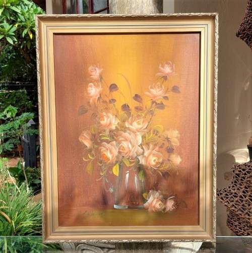 COLORFUL 1970S J WERNINK ORIGINAL FLORAL (ROSES) OIL PAINTING 55CM WIDE 60CM HIGH
