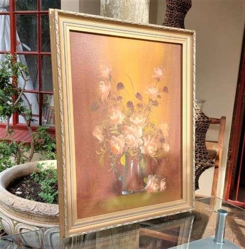 COLORFUL 1970S J WERNINK ORIGINAL FLORAL (ROSES) OIL PAINTING 55CM WIDE 60CM HIGH