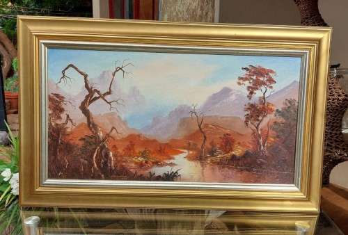 SA ARTIST F POTGIETER 1981 ORIGINAL MOUNTAINSCAPE OIL PAINTING 76CM WIDE 40CM HIGH