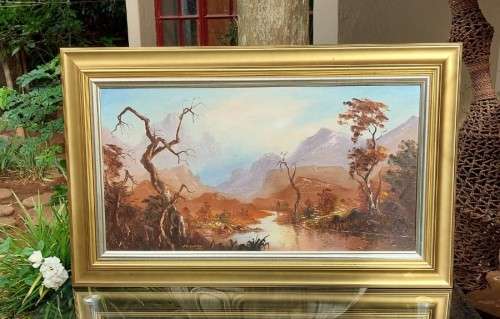 SA ARTIST F POTGIETER 1981 ORIGINAL MOUNTAINSCAPE OIL PAINTING 76CM WIDE 40CM HIGH