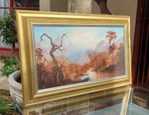 SA ARTIST F POTGIETER 1981 ORIGINAL MOUNTAINSCAPE OIL PAINTING 76CM WIDE 40CM HIGH