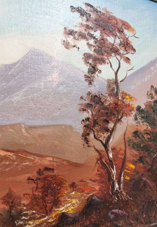 SA ARTIST F POTGIETER 1981 ORIGINAL MOUNTAINSCAPE OIL PAINTING 76CM WIDE 40CM HIGH