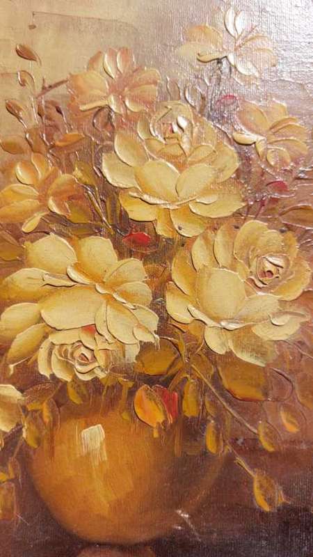 DONNA WOOD ORIGINAL SIGNED STILL LIFE FLORAL OIL PAINTING  ROSES BOUQUET  VINTAGE  29CM W 35CM H