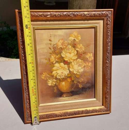 DONNA WOOD ORIGINAL SIGNED STILL LIFE FLORAL OIL PAINTING  ROSES BOUQUET  VINTAGE  29CM W 35CM H