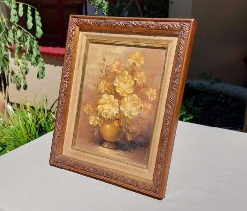DONNA WOOD ORIGINAL SIGNED STILL LIFE FLORAL OIL PAINTING  ROSES BOUQUET  VINTAGE  29CM W 35CM H