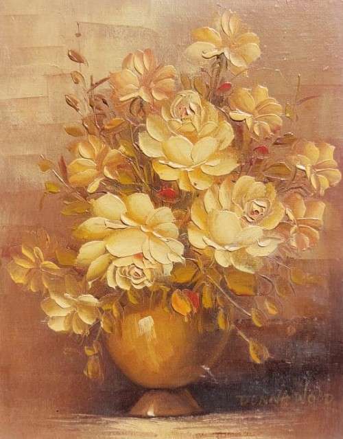 DONNA WOOD ORIGINAL SIGNED STILL LIFE FLORAL OIL PAINTING  ROSES BOUQUET  VINTAGE  29CM W 35CM H