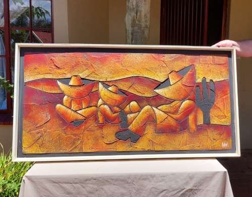 SIESTA TIME - THREE SOMBREROS SLEEPING - BY RAFAEL - MOSAIC PLASTER ART ON BOARD - 124CM W 64CM H