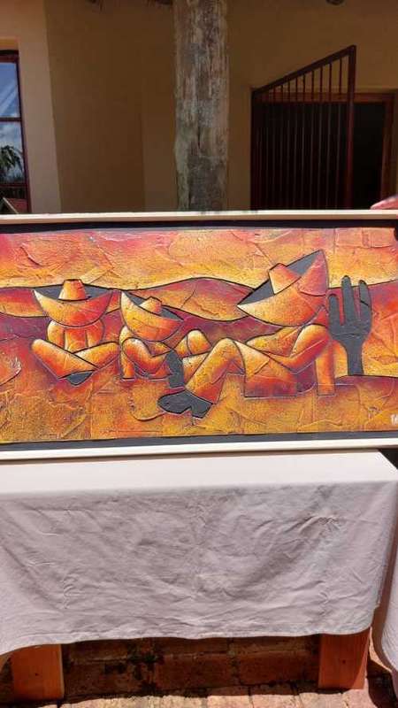 SIESTA TIME - THREE SOMBREROS SLEEPING - BY RAFAEL - MOSAIC PLASTER ART ON BOARD - 124CM W 64CM H