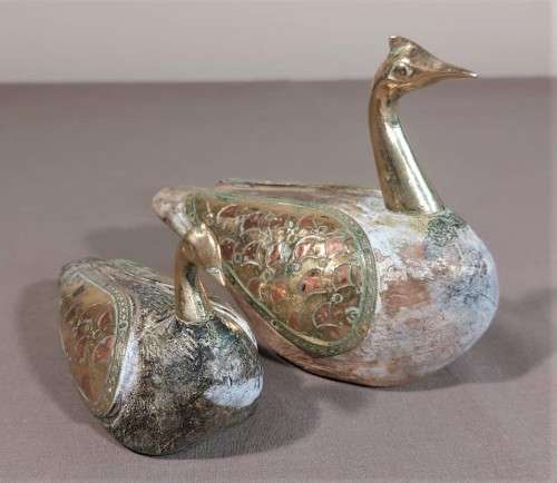 VINTAGE PAIR OF HANDCRAFTED WOODEN DUCKS WITH BRASS NECK AND WINGS AND COPPER TRIM