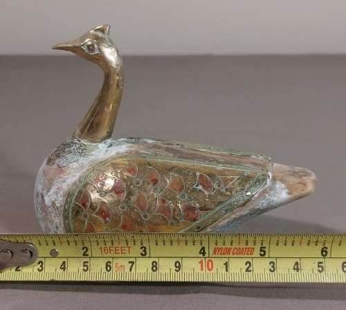 VINTAGE PAIR OF HANDCRAFTED WOODEN DUCKS WITH BRASS NECK AND WINGS AND COPPER TRIM