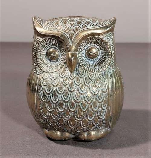 RARE ANTIQUE BRASS OWL MONEY BOX COIN BANK  LARGE 12CM HIGH 10CM WIDE
