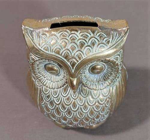 RARE ANTIQUE BRASS OWL MONEY BOX COIN BANK  LARGE 12CM HIGH 10CM WIDE