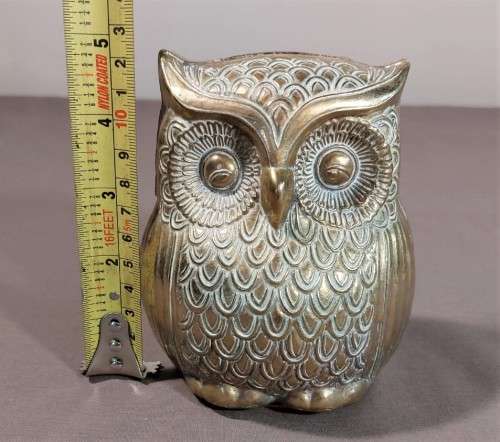 RARE ANTIQUE BRASS OWL MONEY BOX COIN BANK  LARGE 12CM HIGH 10CM WIDE