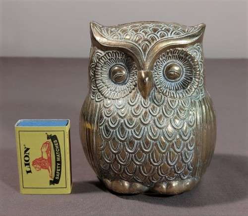 RARE ANTIQUE BRASS OWL MONEY BOX COIN BANK  LARGE 12CM HIGH 10CM WIDE