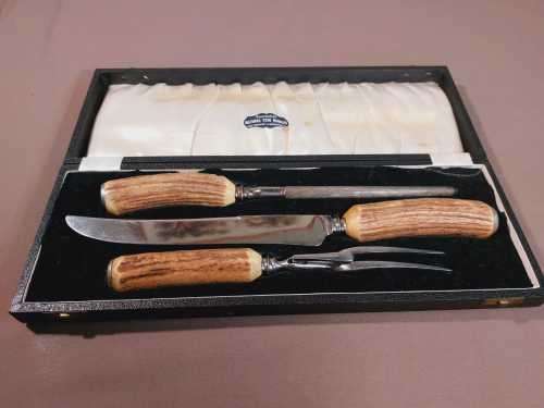 GENUINE STAG ANTLER HANDLE 3 PIECE CARVING SET MADE BY LEWIS ROSE and CO IN SHEFFIELD ENGLAND 1950S